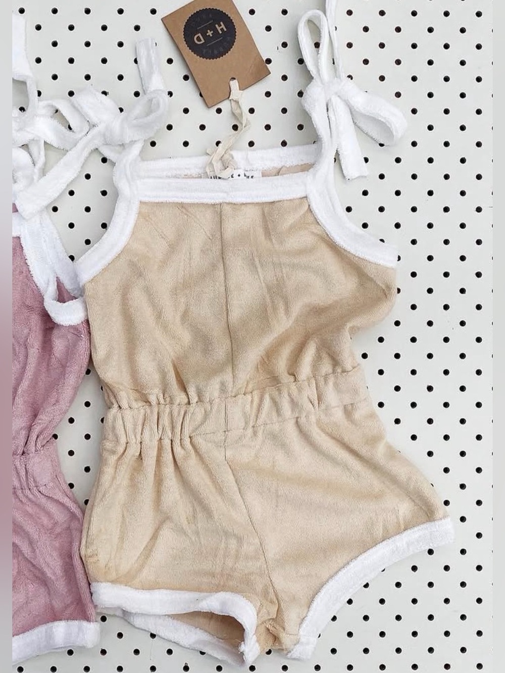 Hubble + Duke Girls Tan One-Piece Romper with Cream Trim and Tie Shoulders